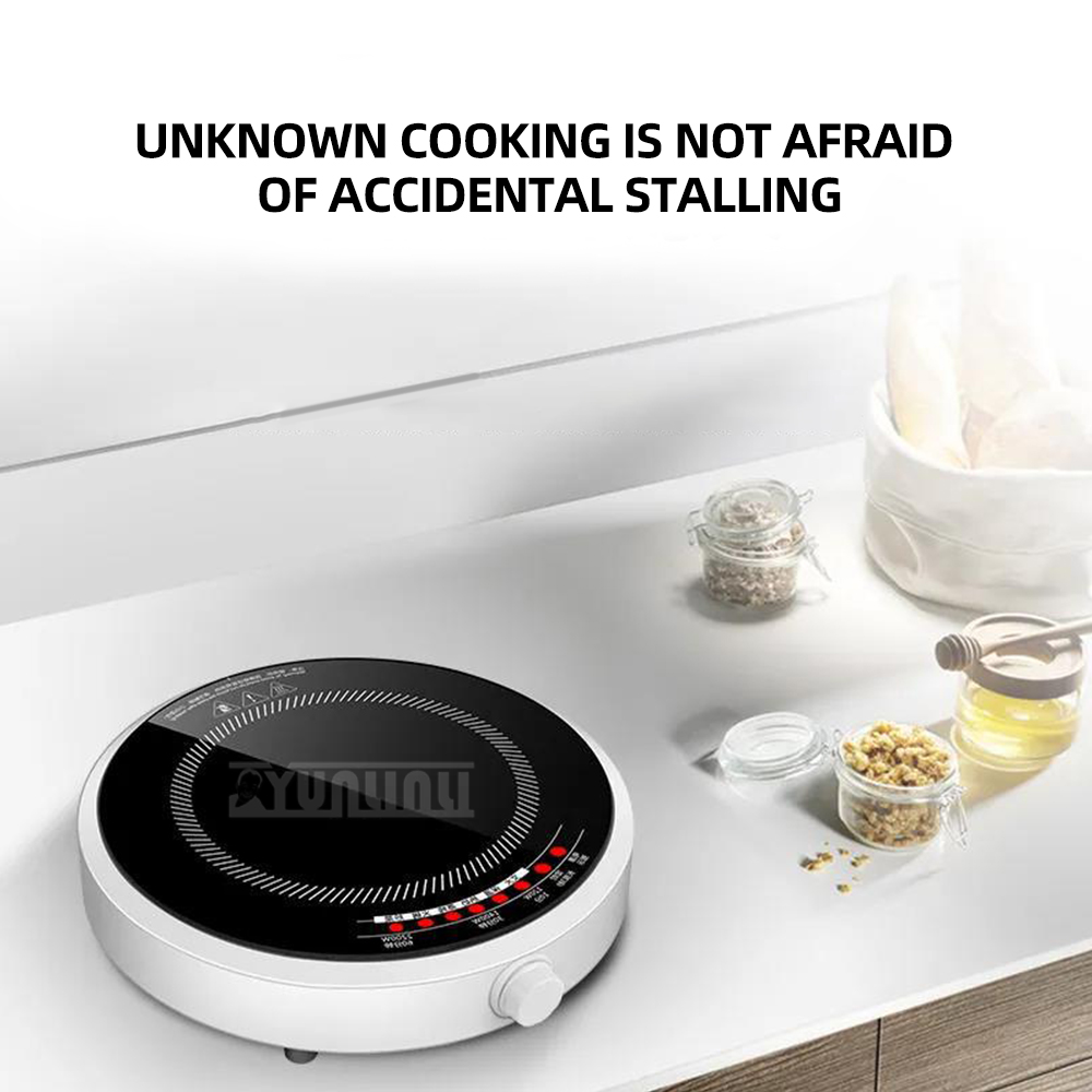 Kitchen Appliances Electric Stove - ラウンドスマート電磁調理器家庭用 2200 ワット Inductions Kochplatte ハイパワーポータブルクックトップ黒微結晶パネル
