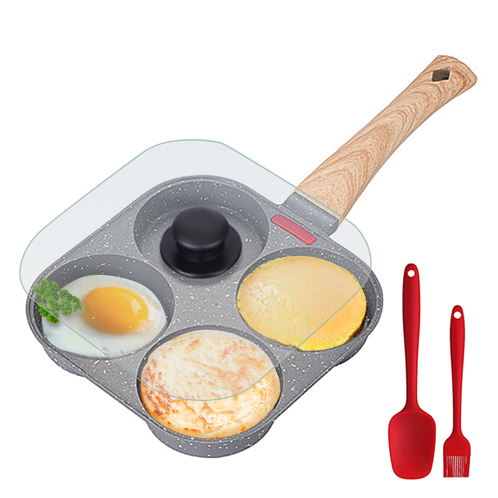 Electric Griddle Pancake - ノンスティック4カップエッグフライパン（フリップ式蓋付き）、アルミ製パンケーキエッグクッカー（スパチュラとブラシ付き）、バーガー・オムレツ調理用フライパン