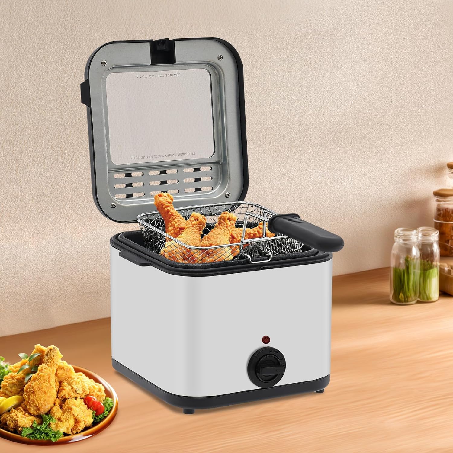 Kitchen Appliances Countertop - カウンタートップ電気フライヤー、2.64クォート 1000W ステンレススチール製フライヤー、バスケット付き、温度調節可能＆火傷防止ハンドル、家庭用実用的なキッチン家電